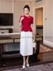  Set áo đỏ peplum chân váy dập ly 