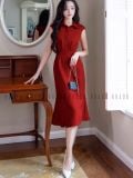  Đầm đỏ eo xếp ly 