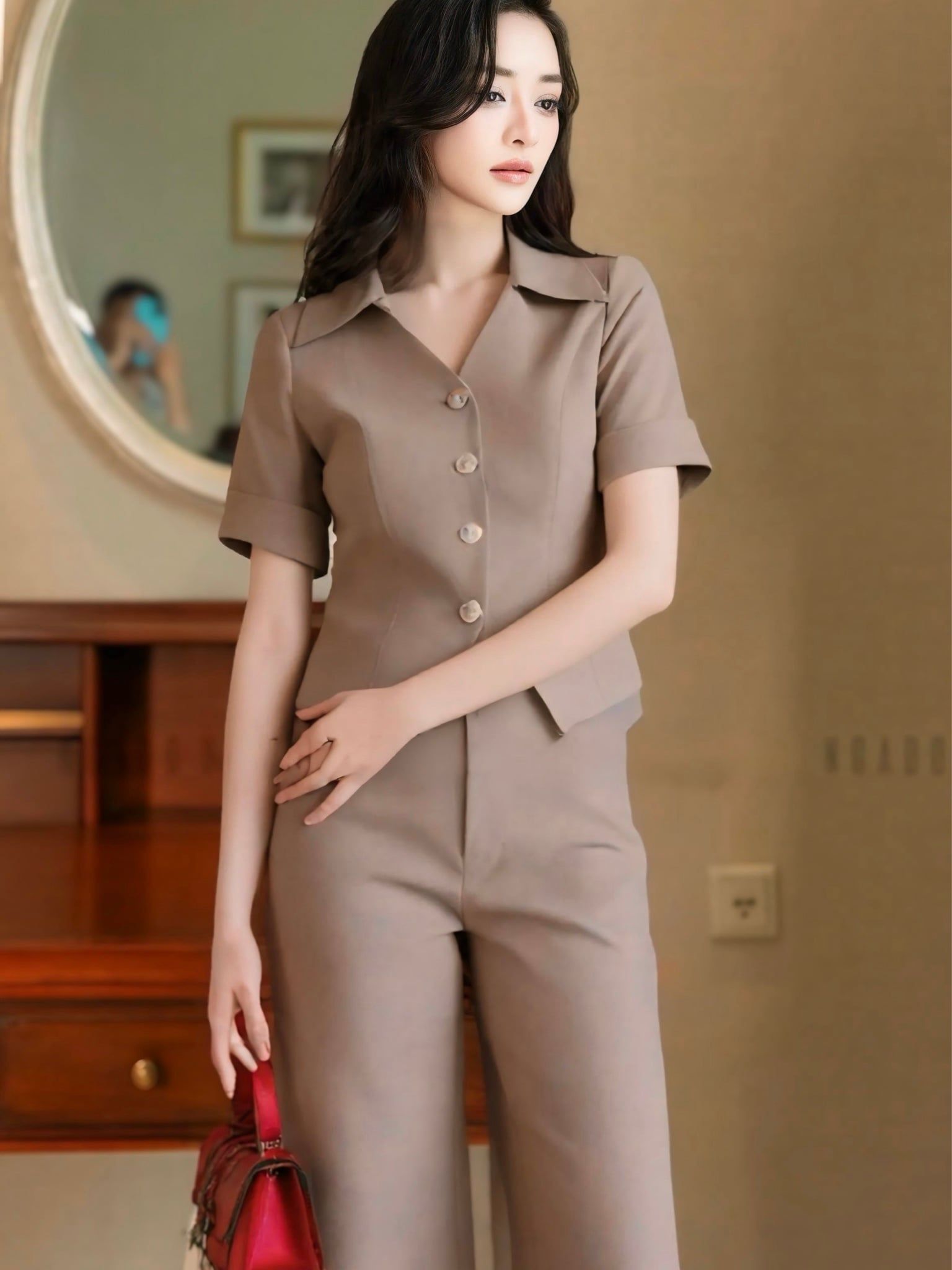  Set áo quần nâu sơ mi 