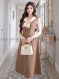  Đầm nâu phối nơ kem 