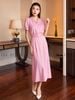  Set áo hồng tay phồng váy xếp ly 