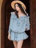  [TẶNG NÓN] Jumpsuit bẹt vai phối hoa 