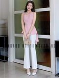  Set áo quần hồng xếp ly vai 