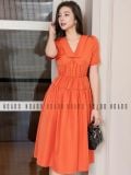  Đầm cam cổ V 