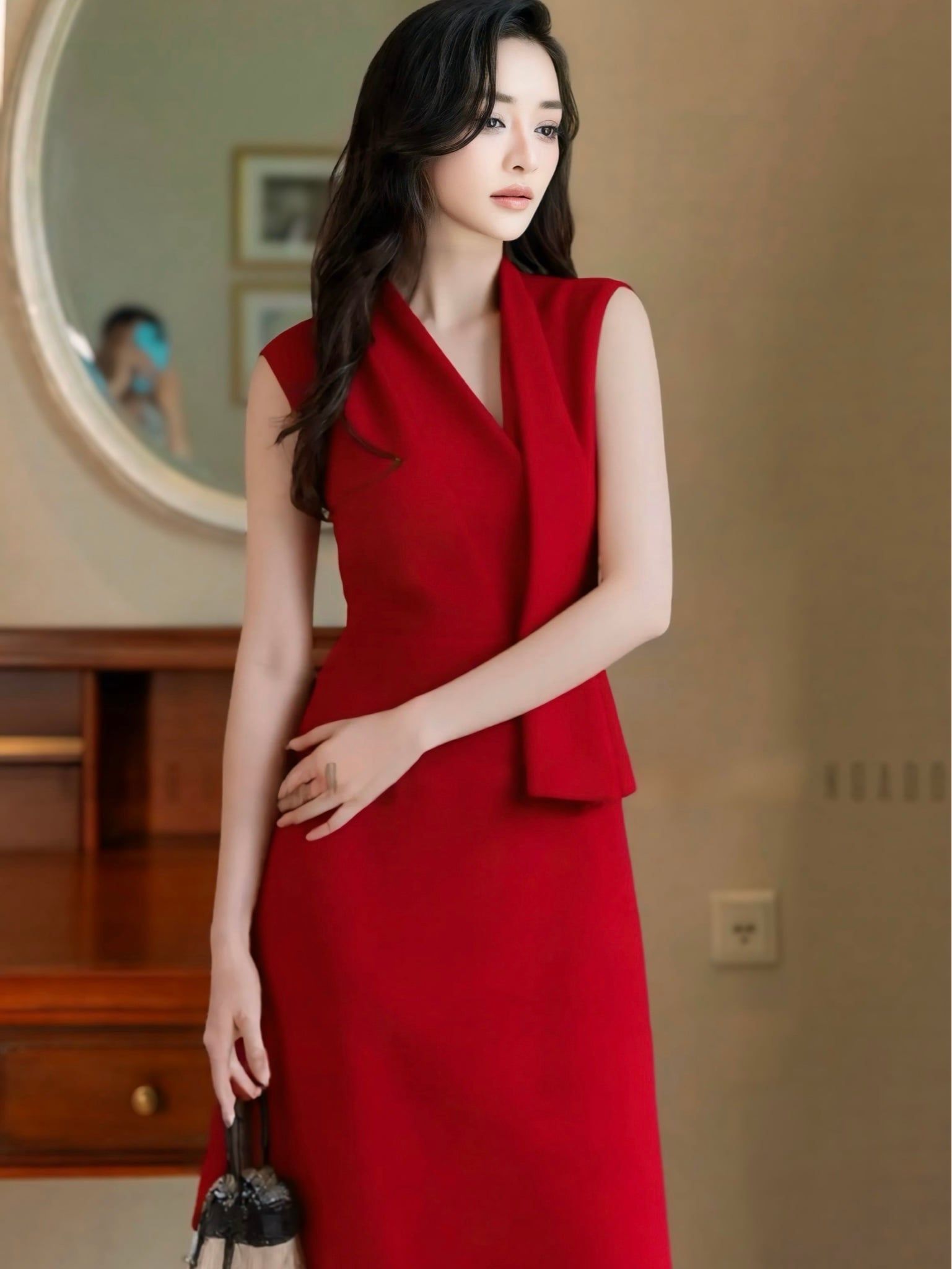  Đầm đỏ cổ tà bay 