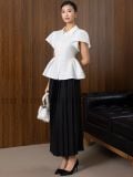  Set áo peplum trắng váy xếp ly 