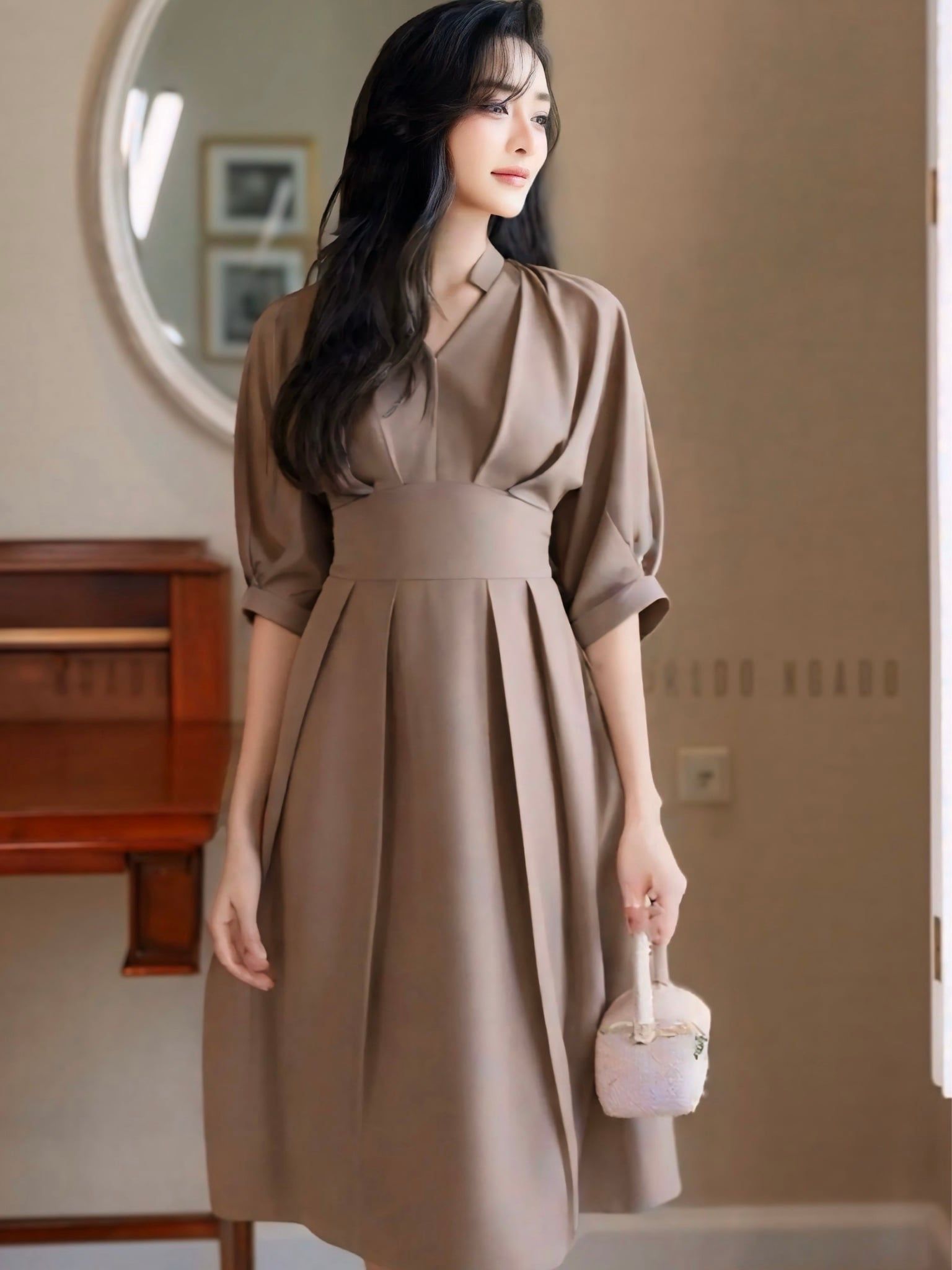  Đầm nâu cổ trụ xếp ly 