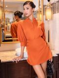  Set áo váy cam tay lửng cổ trụ 