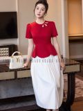  Set áo đỏ peplum chân váy dập ly 