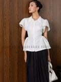  Set áo peplum trắng váy xếp ly 