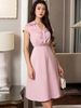  Đầm hồng cổ xoắn tay con 