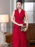  Đầm đỏ sát nách cổ vest 