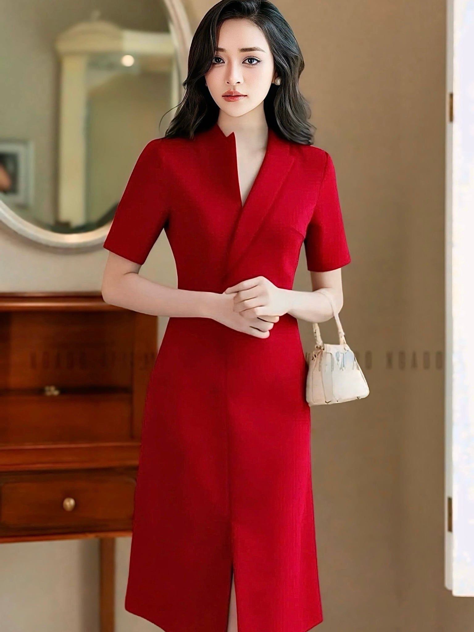  Đầm đỏ cổ vest xẻ tà 