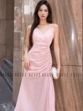  Đầm voan hồng hai dây tùng nhún 