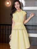  Đầm vàng caro cổ sơ mi 