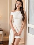  Đầm kem lệch vai phối tà [DIỄM x ND] 
