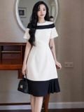  Đầm trắng cổ tròn phối đen [GIANG x ND] 