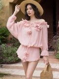  [TẶNG NÓN] Jumpsuit bẹt vai phối hoa 