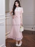  Set áo váy hồng cổ nơ trắng 