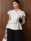  Set áo peplum trắng váy xếp ly 