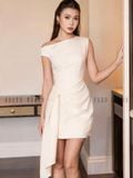  Đầm kem lệch vai phối tà [DIỄM x ND] 