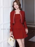  Set áo váy đỏ tay dài 