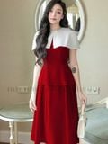  Đầm đỏ phối vạt trắng 