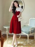  Đầm đỏ phối vạt trắng 