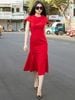  Đầm đỏ đuôi cá ngắn tay 