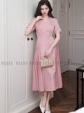  Đầm hồng xếp ly cổ vest 