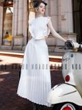  Set áo váy trắng dập ly 