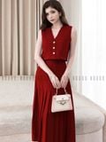  [TẶNG NÓN] Set áo váy gile đỏ xếp ly 