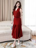  [TẶNG NÓN] Set áo váy gile đỏ xếp ly 