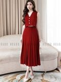  [TẶNG NÓN] Set áo váy gile đỏ xếp ly 