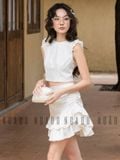  Set áo váy chấm bi nhún vai 