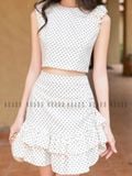  Set áo váy chấm bi nhún vai 