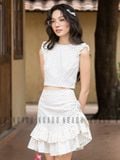  Set áo váy chấm bi nhún vai 