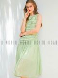  Đầm xanh voan tơ xếp ly 