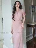  Set áo váy hồng tay hoa 