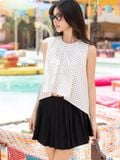  Set áo chấm bi cổ tròn chân váy xếp ly 
