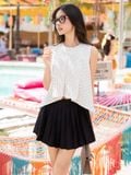  Set áo chấm bi cổ tròn chân váy xếp ly 