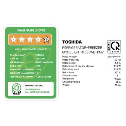  Tủ lạnh TOSHIBA Inverter 407 lít RT535WE-PMV(06)-MG 