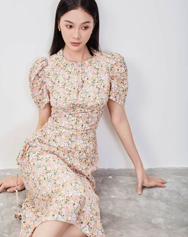  Đầm lửng rút nhún in hoa 