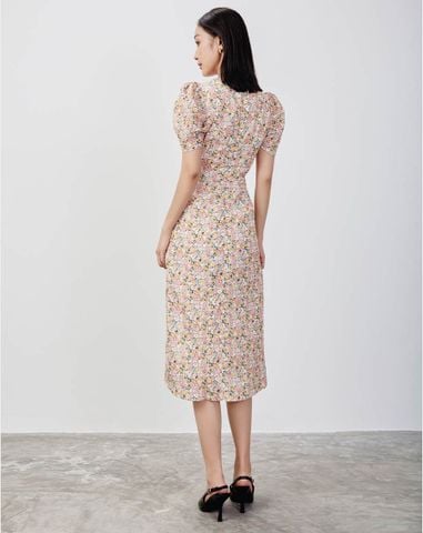  Đầm lửng rút nhún in hoa 