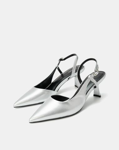  Giày Cao Gót Slingback Phối Liệu Bóng 