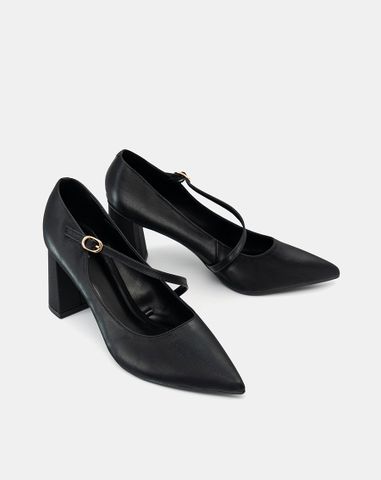  Giày Cao Gót Pump Gót Trụ Quai Mary Jane Xéo 