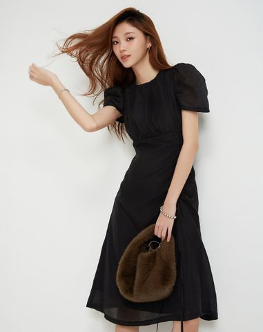  Đầm lửng rút nhún tay phồng 