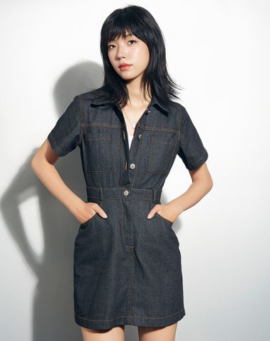  Đầm mini tay ngắn nút J 