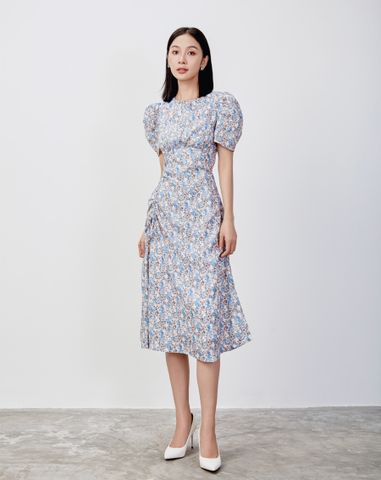  Đầm lửng rút nhún in hoa 