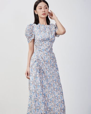  Đầm lửng rút nhún in hoa 